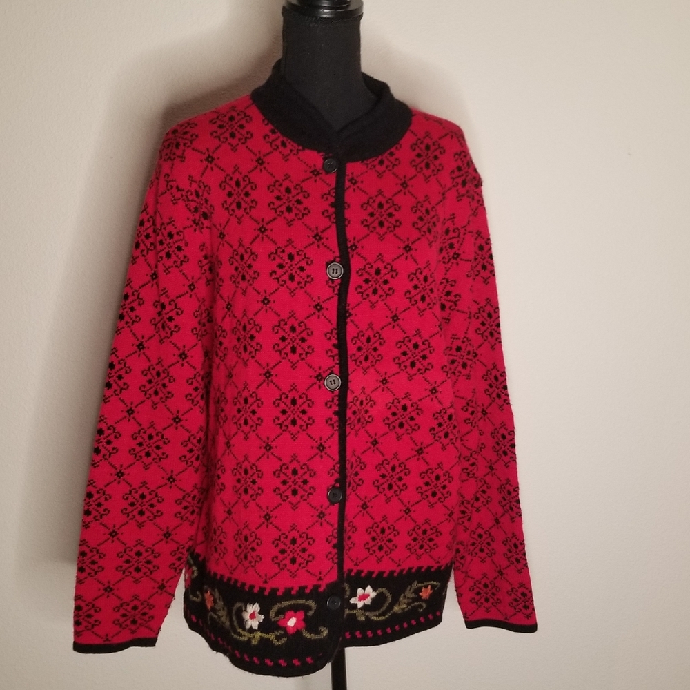 JM Collection 1X red black embroidered cardigan sweater Christmas Holiday